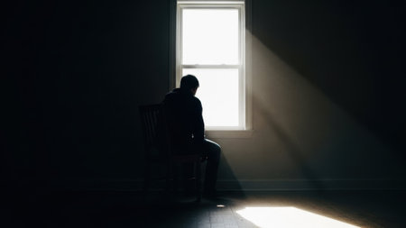 A solitary figure is silhouetted against a brightly lit window, with dramatic light rays illuminating the dark roomの素材