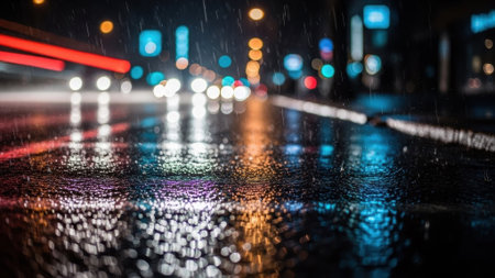 The wet road surface mirrors the glowing neon signs and car headlights, creating a dazzling bokeh effect in the downpourの素材