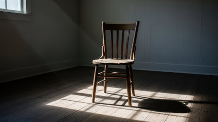 An old, weathered chair sits alone in a room, illuminated by stark light and shadow patterns on the wooden floorの素材