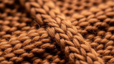 Detailed view of chunky knit brown wool texture, showcasing the intricate weave and soft fibers of the materialの素材