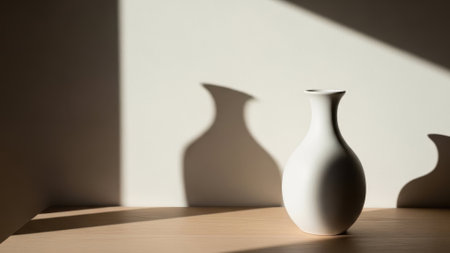 A single white ceramic vase sits on a wooden surface, bathed in sunlight that creates a striking shadow on the wall behind it, evoking a sense of calm and simplicityの素材