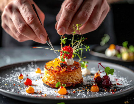 A close-up shot captures a chef's hands delicately placing microgreens on a beautifully plated dessert, showcasing culinary artistry and fine diningの素材