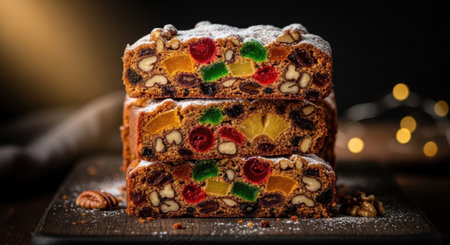 A close-up view of three stacked fruitcake slices, showcasing candied fruits, nuts, and a dusting of powdered sugar against a dark, bokeh backgroundの素材