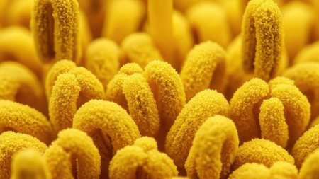 Abstract macro view showcasing the intricate texture and fuzzy surface of numerous yellow stamens dusted with pollen, creating a vibrant and detailed natural patternの素材