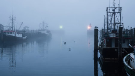 Several fishing vessels are moored at a pier, shrouded in thick fog, with a distant lighthouse emitting a faint glowの素材