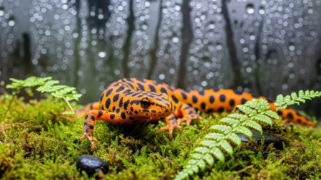 A detailed close-up of a striking newt with bright orange skin and black spots, nestled amongst vibrant green moss and delicate ferns, with water droplets on the backgroundの素材