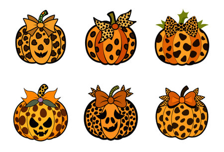 Cute Leopard Print Halloween Pumpkins with Bows.のイラスト素材