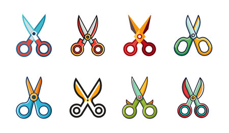 A set of different colored scissors on a white background.のイラスト素材