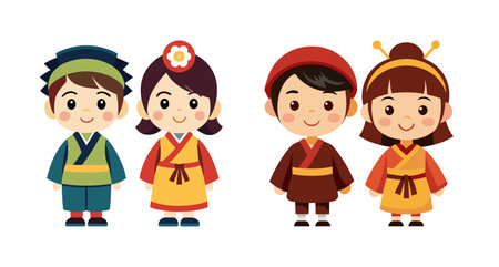 Cute Children's in traditional Japanese costumes vector illustration on white background.のイラスト素材