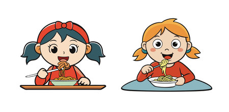 Cute little girl eating delicious spaghetti, using chopsticks showing okay sign gestures.のイラスト素材