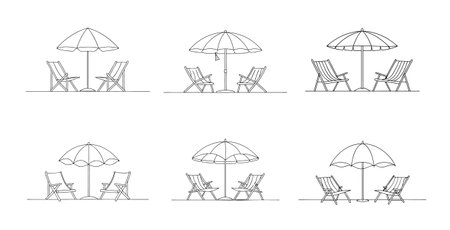Beach Scene with Umbrellas and Chairs, black and white illustration of umbrellas, beach chairs, and table.のイラスト素材