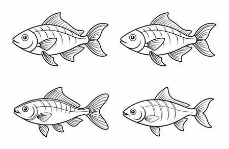 Four Black and White Cartoon Fish Illustrations on a White Backgroundのイラスト素材