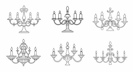 Outlined collection of ornate chandeliers with candles, suitable for coloring pagesのイラスト素材