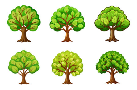 Illustration featuring a set of six diverse cartoon trees against a white backgroundのイラスト素材