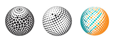 Three abstract spheres constructed from dot patterns and varying color schemes on whiteのイラスト素材