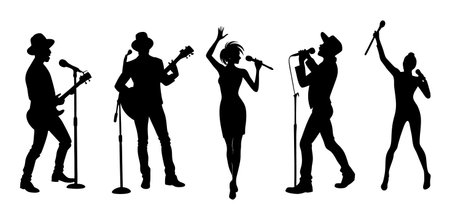 Silhouetted musical performers on stage singing and playing instruments in concertのイラスト素材