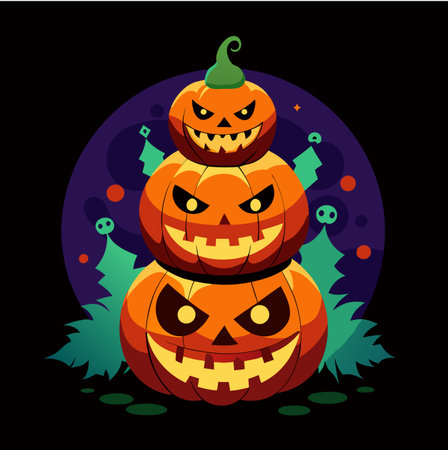 Stack of spooky jack o lantern pumpkins Halloween t-shirt designのイラスト素材