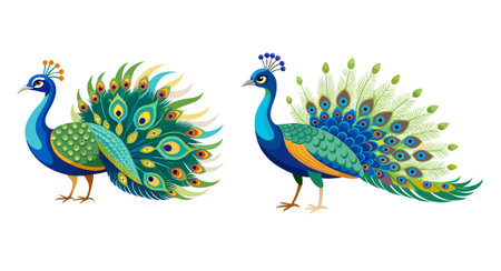 Two vibrantly colored peacocks showcasing intricate feather patterns in a stylized designのイラスト素材