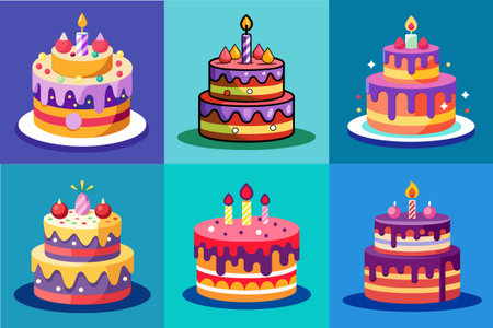 Colorful and Delightful Array of Cartoon Birthday Cakes Illustration Graphicのイラスト素材