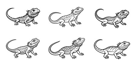 Black and white digital artwork of six bearded dragons in various posesのイラスト素材