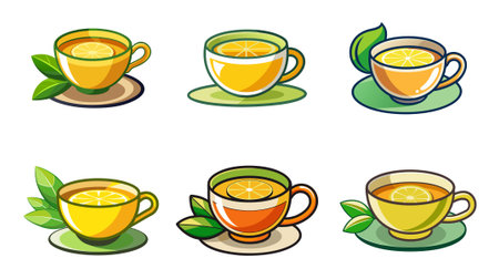 Stylized Vector Illustration of Teacups with Lemon and Leaves Set against Whiteのイラスト素材