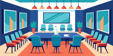 Brightly lit conference room with a large monitor and many chairsのイラスト素材