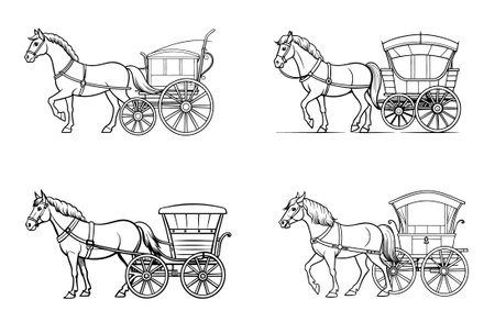 Four horse and carriage line drawings in a vector style imageのイラスト素材