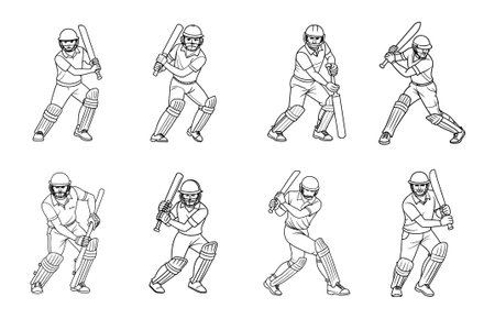 Black and white line art of cricket batsmen in different posesのイラスト素材
