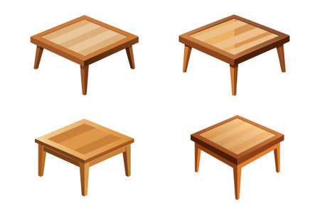 Four perspectives of a simple wooden square table with four straight legsのイラスト素材