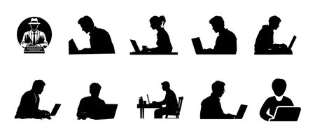 Silhouettes of people using laptops, from vintage to modern workers.のイラスト素材