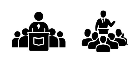 Illustration depicting conference event speakers with audiences, education and public speakingのイラスト素材