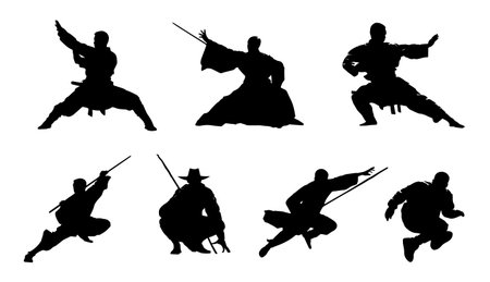 Diverse martial artists in various stances and poses demonstrating traditional fighting skills.のイラスト素材