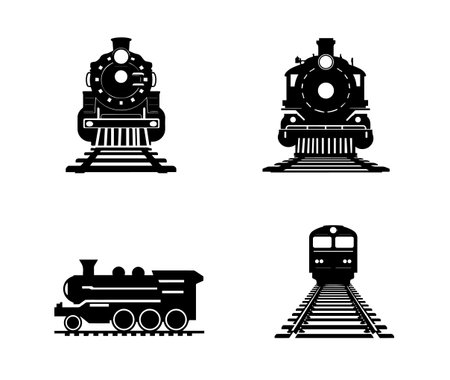 Four Train Silhouettes showcasing locomotives and modern passenger trains on tracksのイラスト素材