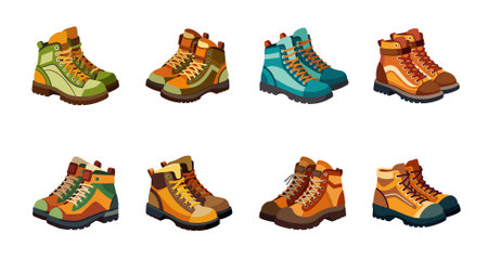A diverse collection of cartoon hiking boots in various color combinations.のイラスト素材