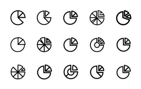 Collection of Different Pie Chart Icons Representing Data Analysis and Statisticsのイラスト素材