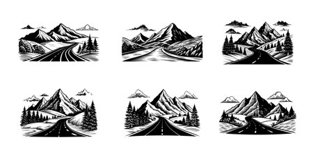 Monochrome Mountain Road Scenery Collection with Dramatic Woodcut Style Landscapesのイラスト素材
