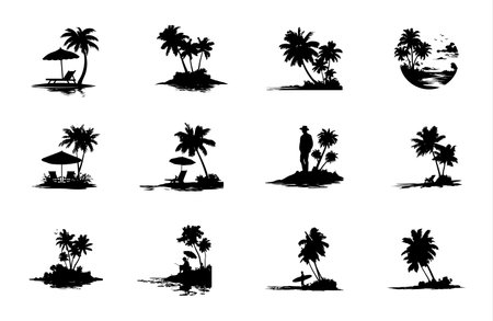 Silhouette Illustrations of Tropical Islands with Palm Trees and Beach Sceneryのイラスト素材