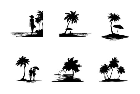 Silhouette Illustrations of Tropical Islands with Palm Trees and Beach Sceneryのイラスト素材
