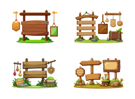 Wooden Sign Collection of Cartoon Style with Nature and Rustic Designのイラスト素材