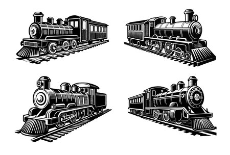 Four Vintage Steam Train Engines on Tracks in Black and White Styleのイラスト素材