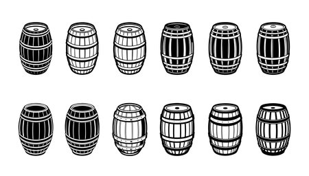 Collection of twelve barrel illustrations in various styles on a white backgroundのイラスト素材