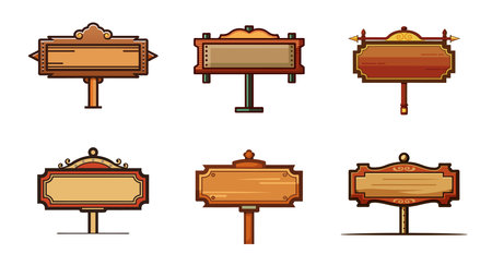 Collection of Six Cartoon Wooden Signs for Outdoor Advertising or Messagesのイラスト素材