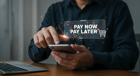 Businessman using mobile phone to pay for shopping online. Internet and technology concept.の素材