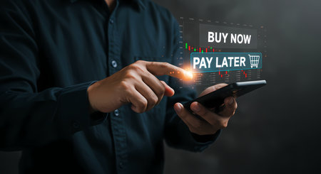 Businessman using mobile phone with buy now pay later button on screenの素材