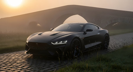 3D rendering of a sports car in a foggy field at sunriseの素材
