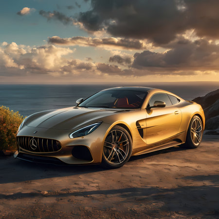 3D rendering of a brand-less generic concept car in the desertの素材