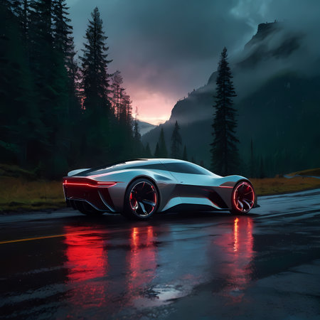 3D rendering of a brand-less generic concept car in the mountainsの素材