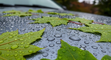 Water drops on a green maple leaf on the hood of a carの素材