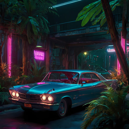 Retro car in the night club with neon lights. 3d renderingの素材