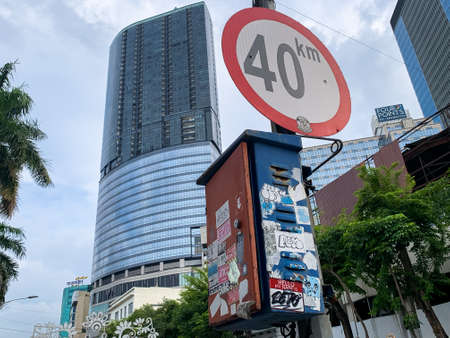 March 12, 2022 - Surabaya, Indonesia. a sign to limit vehicle speed on Tunjungan roadのeditorial素材